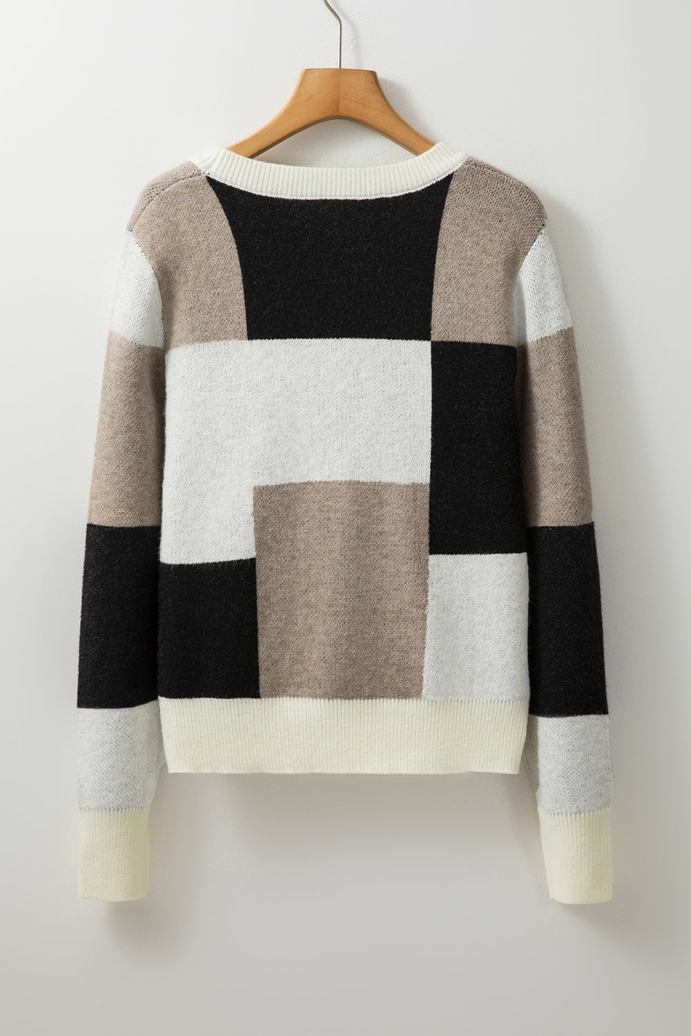 Black Checkered Colorblock Round Neck Knit Sweater