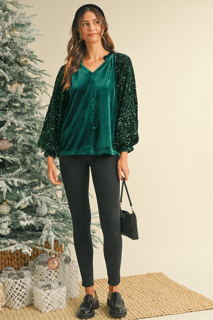 Velvet Sequin Patchwork Sleeve Button Up Blouse