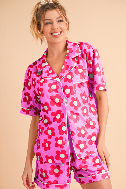 Flower Print Buttoned Shirt and Drawstring Waist Pajama Set