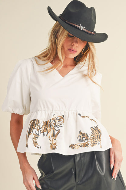 White Sequins Tiger V-Neck Lantern Sleeve Blouse