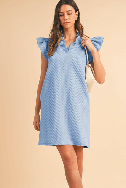 Light Blue Textured Puff Sleeve Ruffled V Neck Mini Dress.