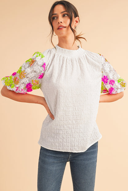 White Smocked Neck Sequin Flower Puff Sleeve Textured Top