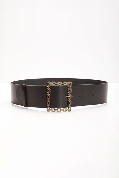 Black Square Buckle Faux Leather Belt