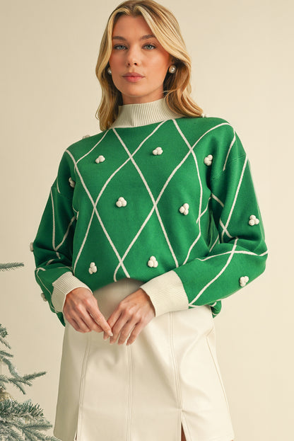 Diamond Pom Pattern Contrast Trim High Neck Sweater