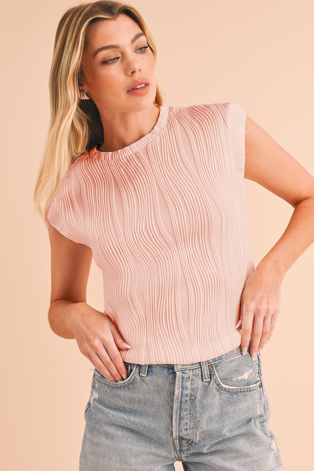 Apricot Wavy Textured Cap Sleeve Round Neck Blouse