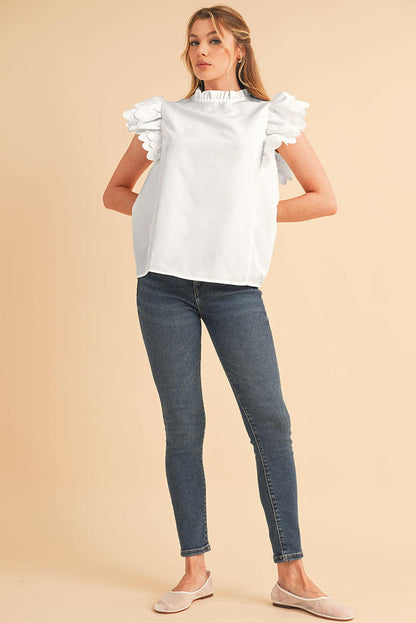 White Solid Color Scalloped Ruffle Sleeve Blouse.