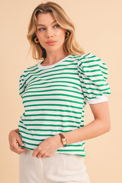 Green Stripe Puff Short Sleeve Contrast Trim T Shirt