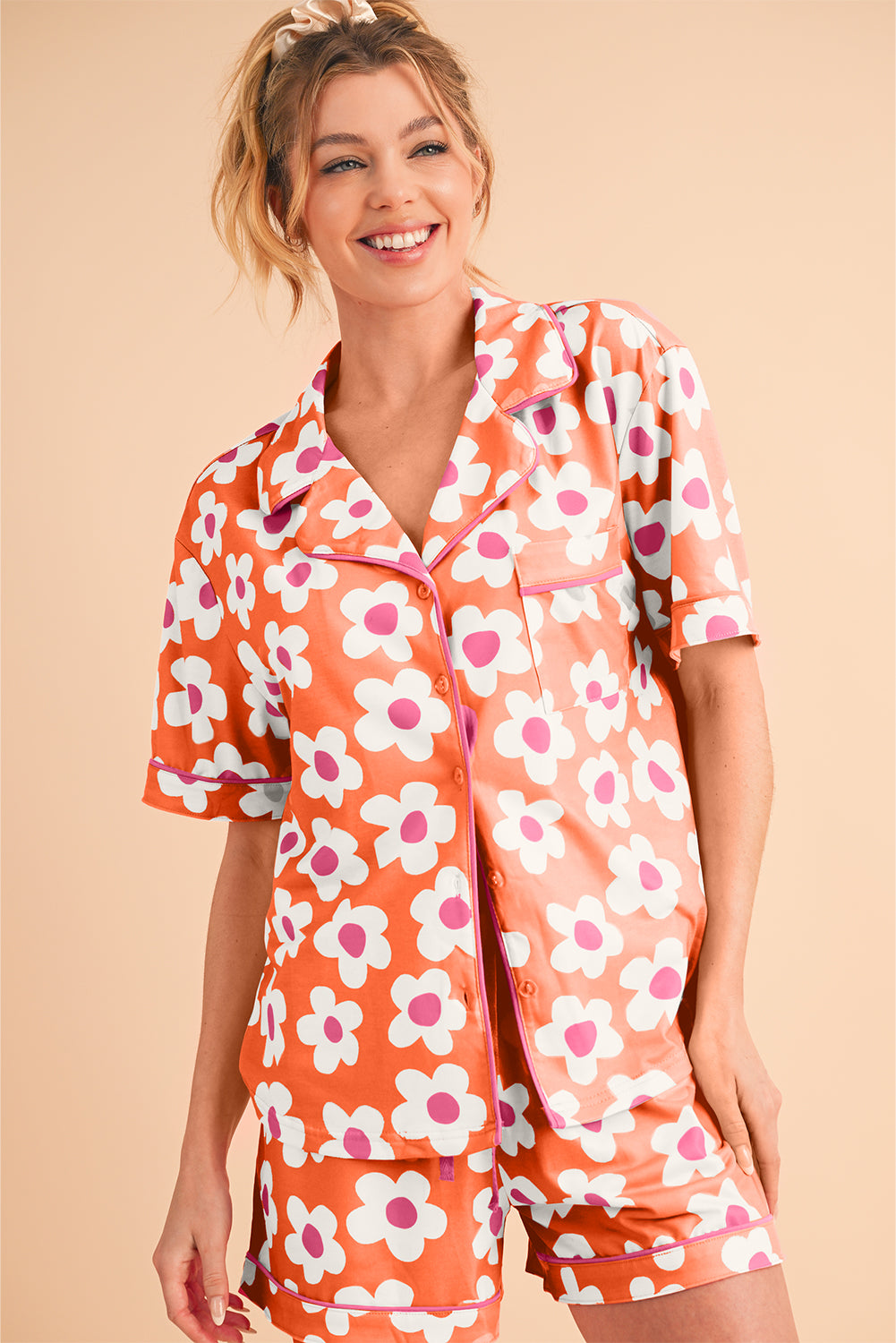 Flower Print Buttoned Shirt and Drawstring Waist Pajama Set