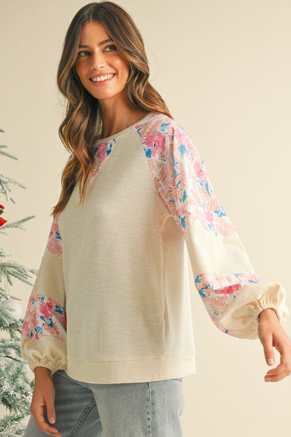 Crinkle Rib Floral Patchwork Balloon Sleeve Top