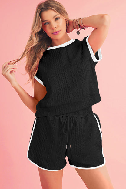 Textured Contrast Trim Tee & Drawstring Shorts Set