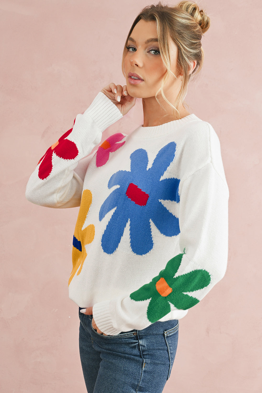 Colorful Flower Pattern Crewneck Knitted Sweater