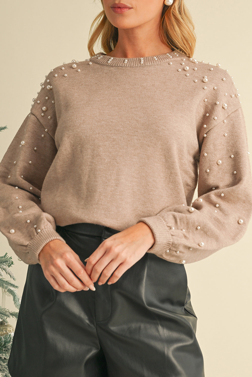 Pearl Drop Shoulder Round Neck Sweater