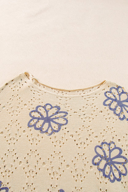 Beige Flower Print Drop Shoulder Hollow Knit Sweater