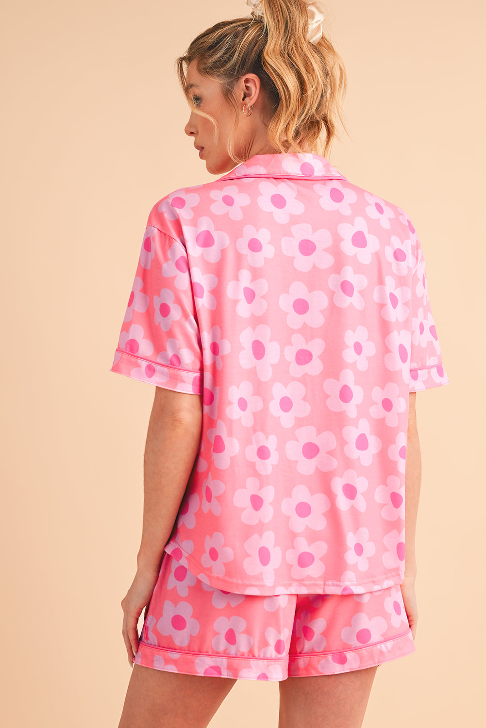 Flower Print Buttoned Shirt and Drawstring Waist Pajama Set