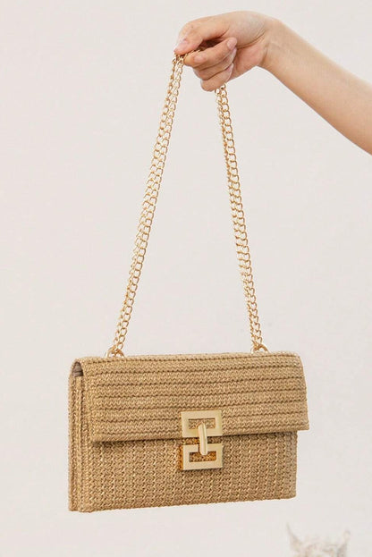 Beige Minimalist Braided Flap Chain Strap Shoulder Bag