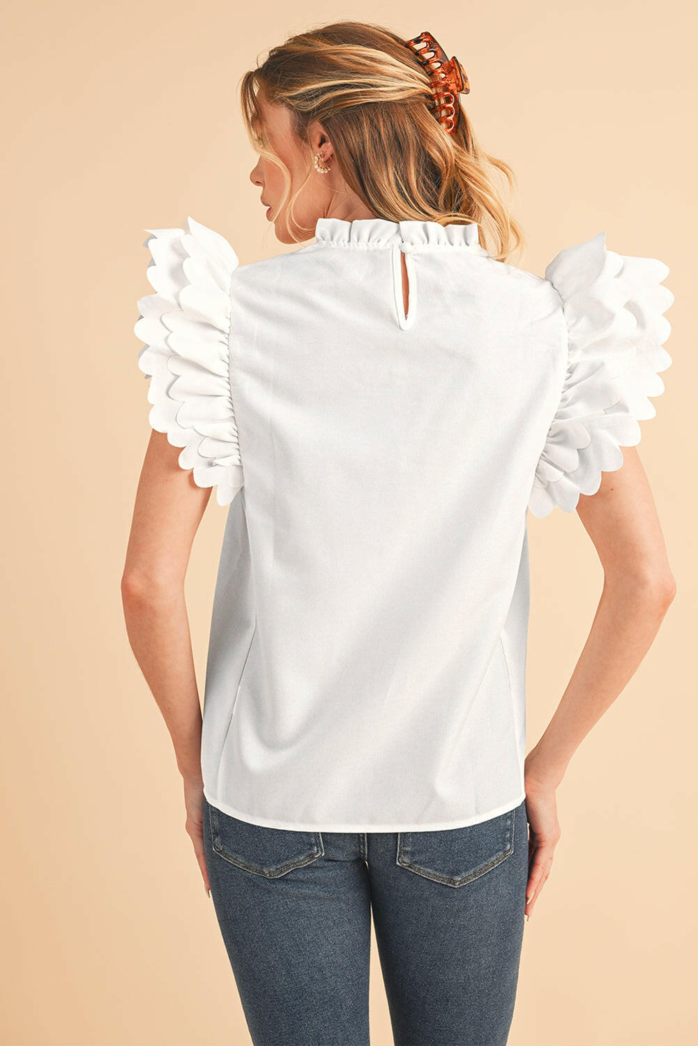 White Solid Color Scalloped Ruffle Sleeve Blouse.