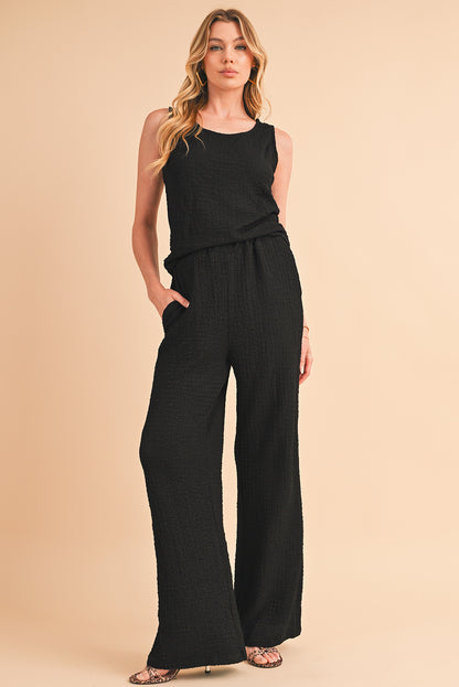 Black Crinkled U Neck Tank and Wide Leg Pants Set