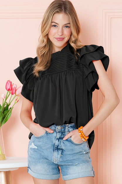 Ruched Frilled Neck Ruffle Sleeve Blouse