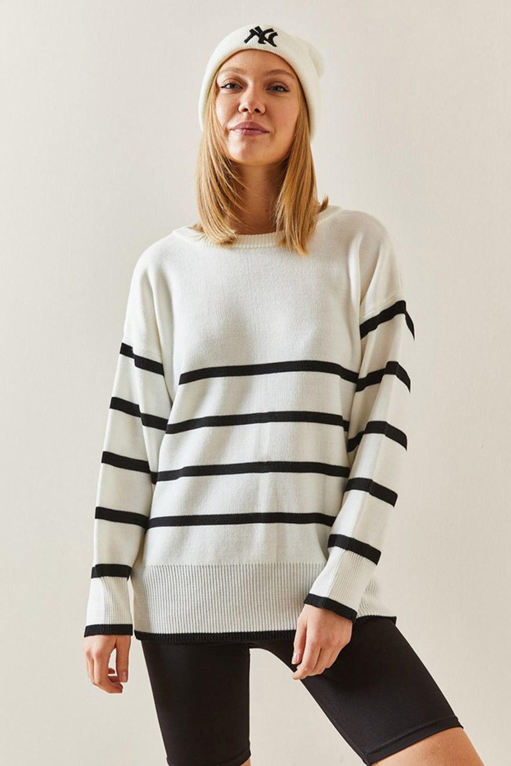 Beige Stripe Crew Neck Drop Sleeve Sweater