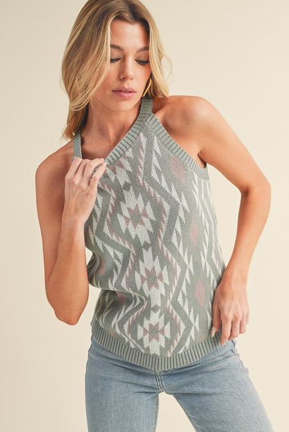 Laurel Green Tribal Geometric Pattern Knit Tank Top