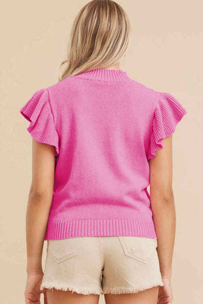 Bonbon Plain Mock Neck Ruffle Short Sleeve Knitted Top