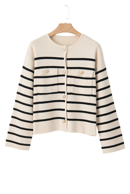 Black Stripe Flap Pocket Button Up Cardigan