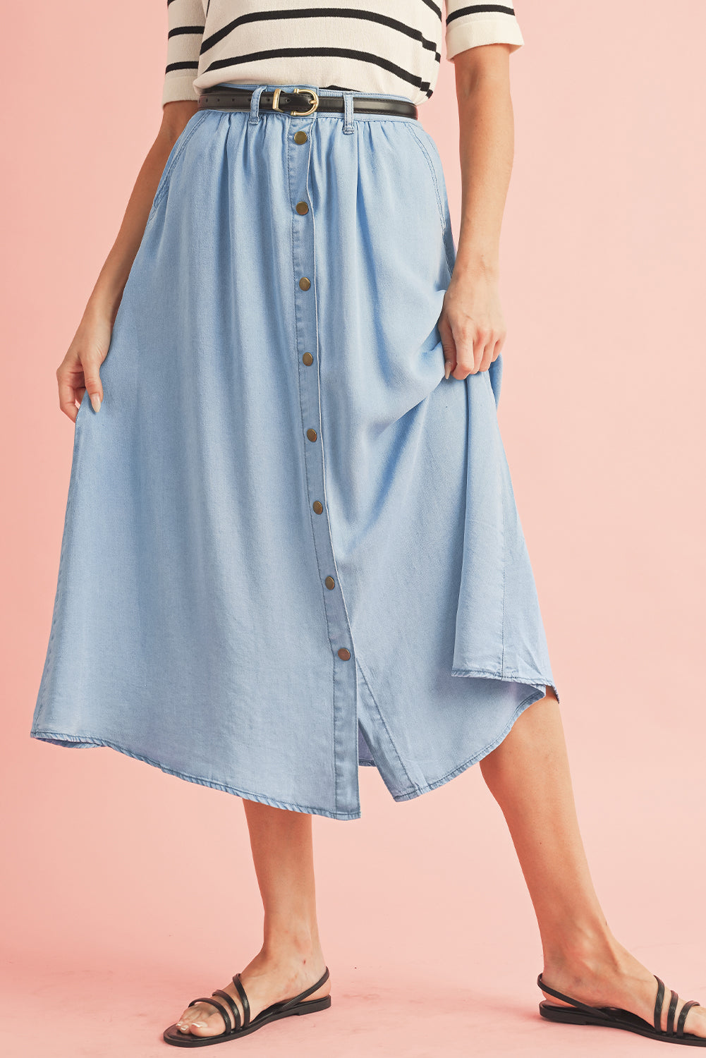 Mist Blue Fully Buttoned Long Denim Skirt