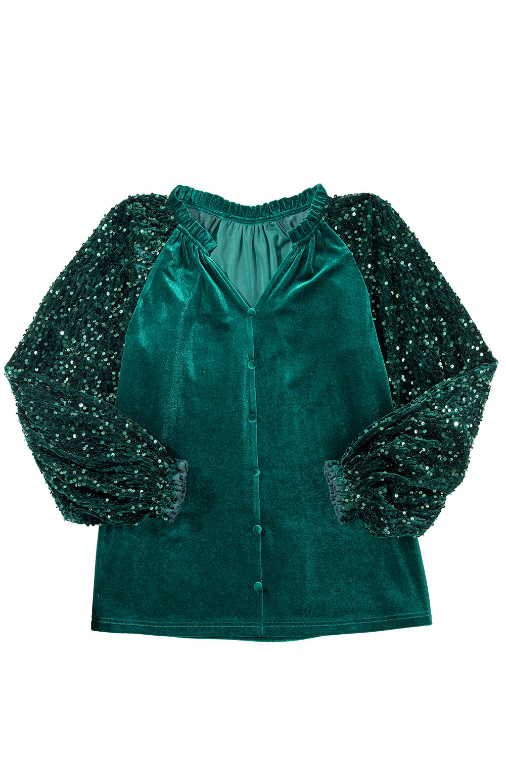 Velvet Sequin Patchwork Sleeve Button Up Blouse