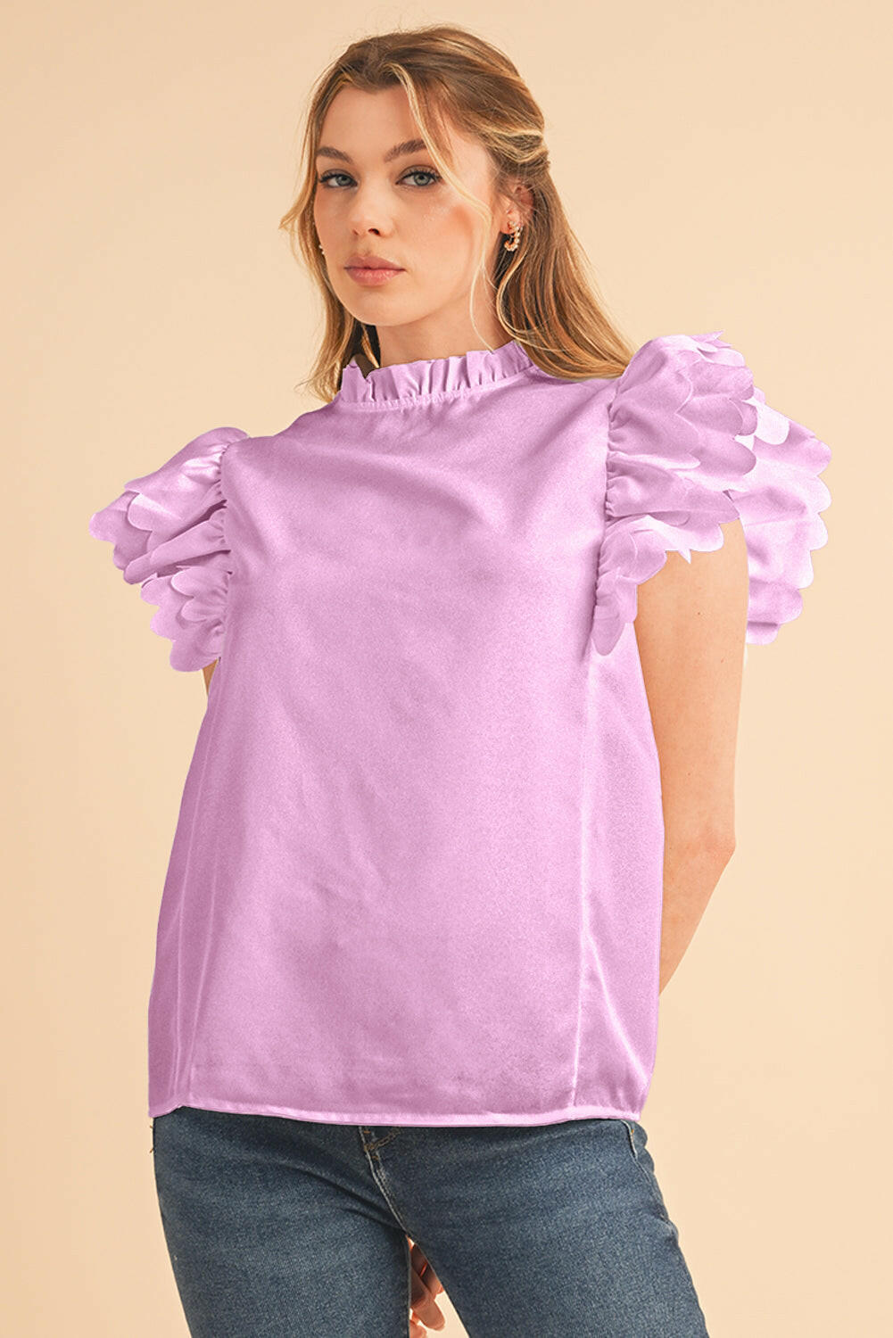 White Solid Color Scalloped Ruffle Sleeve Blouse.