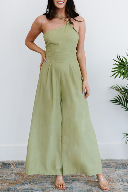 Green Casual Asymmetric Thin Straps Wide Leg Jumpsuit