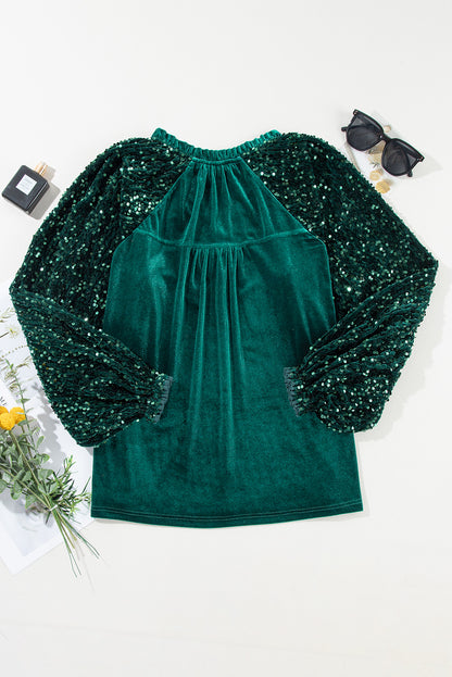 Velvet Sequin Patchwork Sleeve Button Up Blouse