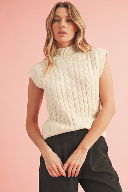 Oatmeal Ribbed Trim High Neck Cable Knit Sweater Vest