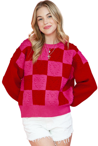 Checkered Pattern Pompom Heart Knitted Sweater