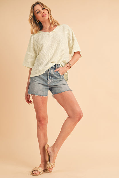 Beige Textured V Neck Split Hem T Shirt