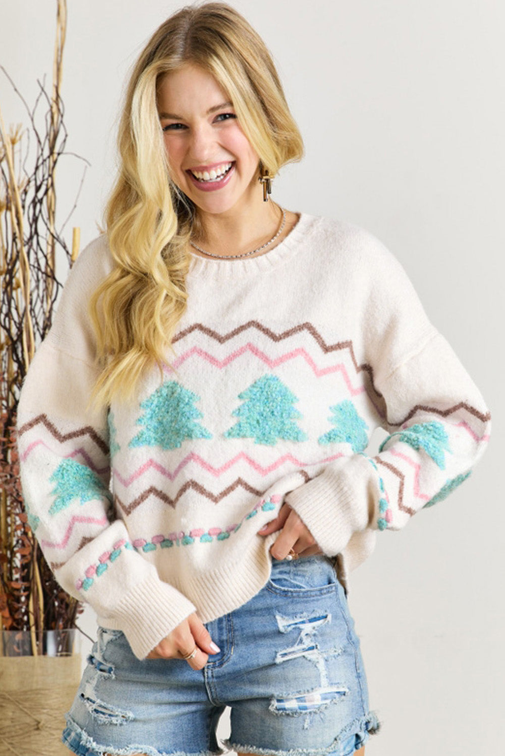 Christmas Tree Wavy Striped Drop Sleeve Sweater