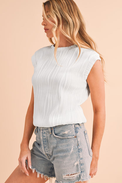 Apricot Wavy Textured Cap Sleeve Round Neck Blouse