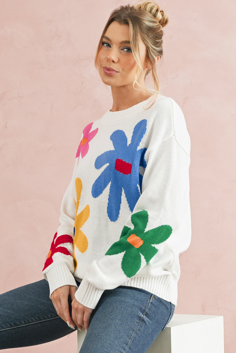 Colorful Flower Pattern Crewneck Knitted Sweater