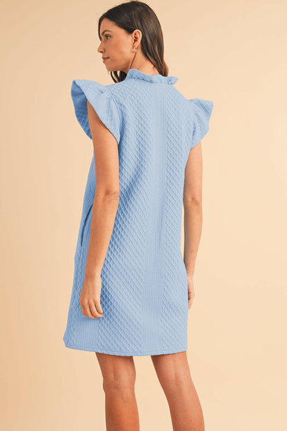 Light Blue Textured Puff Sleeve Ruffled V Neck Mini Dress.