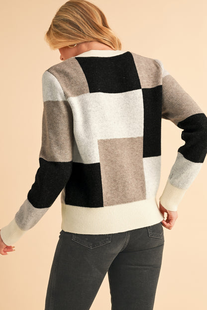 Black Checkered Colorblock Round Neck Knit Sweater