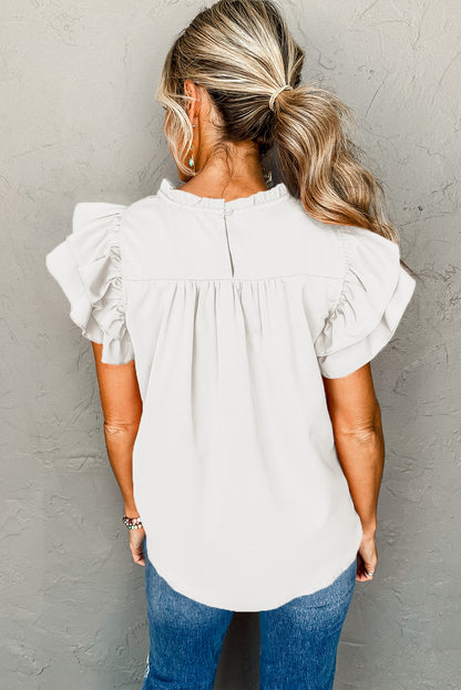 Ruched Frilled Neck Ruffle Sleeve Blouse