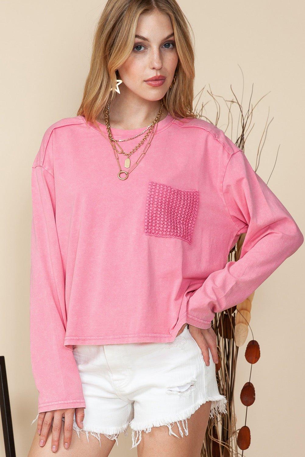 Pink Lace Patch Pocket Long Sleeve Shirt