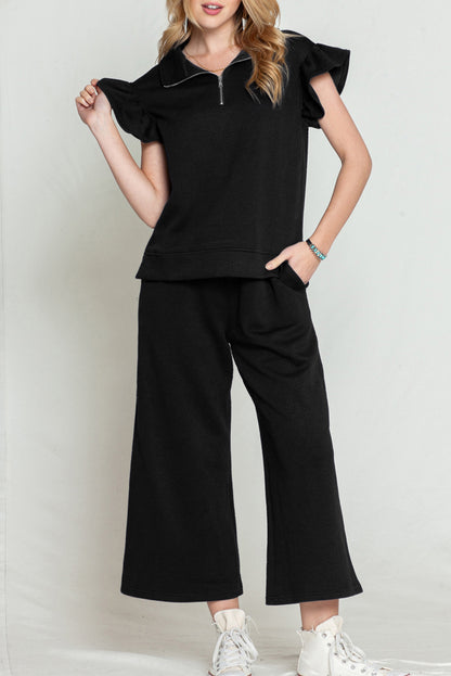 Textured Ruffle Cap Sleeve Top and Wide Leg Pants Set