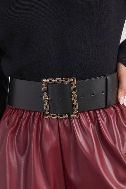 Black Square Buckle Faux Leather Belt