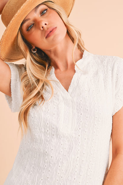 White Eyelets V-neck Blouse and Pockets Shorts Set