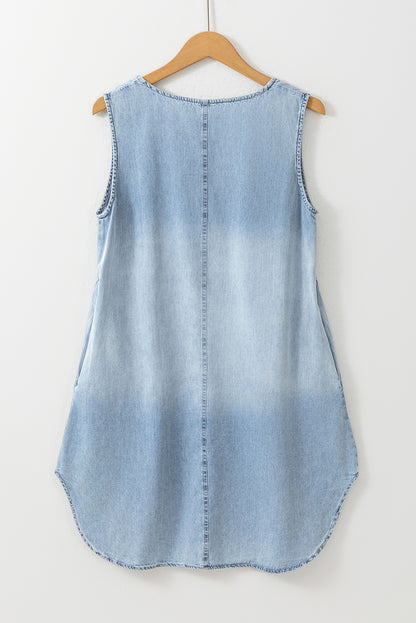 Beau Blue Light Wash Split Neck Sleeveless Chambray Dress