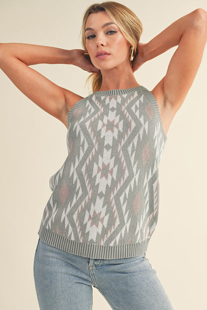 Laurel Green Tribal Geometric Pattern Knit Tank Top