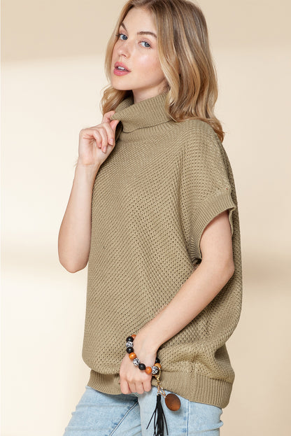 Ribbed Turtleneck Textured Short Sleeve Sweater