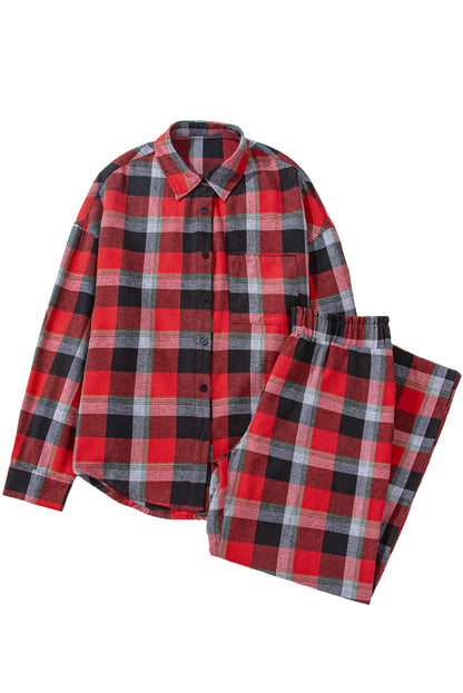 Red Christmas Checkered Pattern Loose Shirt and Pants Pajama Set