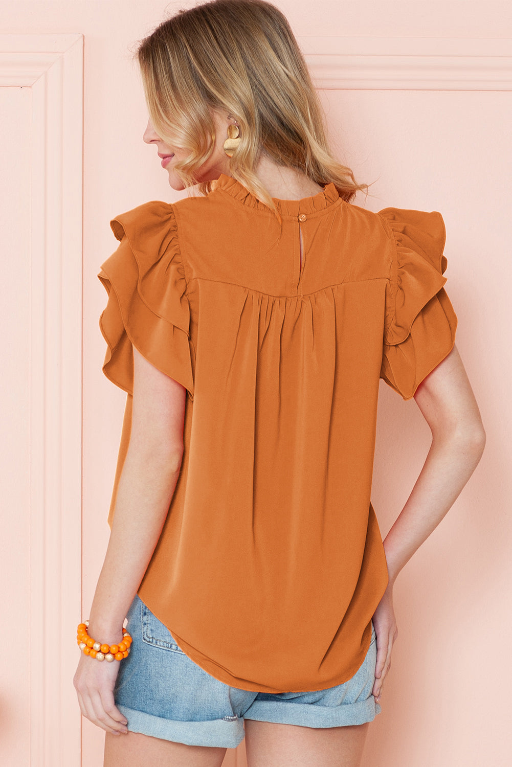 Ruched Frilled Neck Ruffle Sleeve Blouse