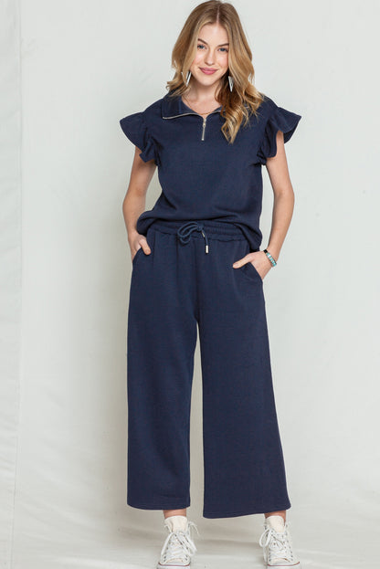 Textured Ruffle Cap Sleeve Top and Wide Leg Pants Set